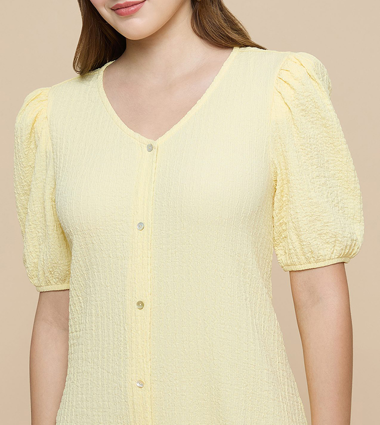 Printed A-Line Dress with V-Neck and Puff Sleeves