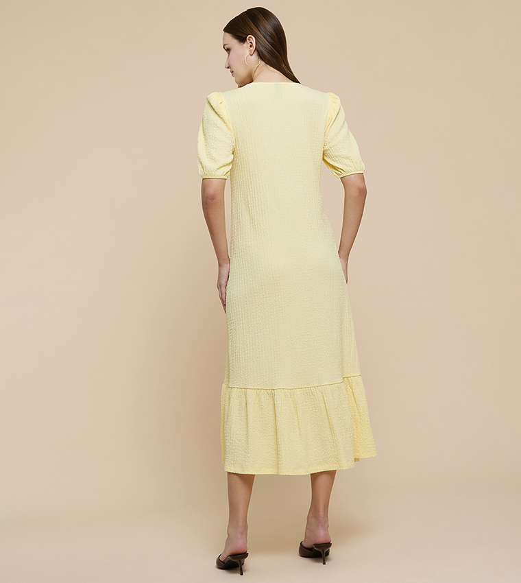 Printed A-Line Dress with V-Neck and Puff Sleeves