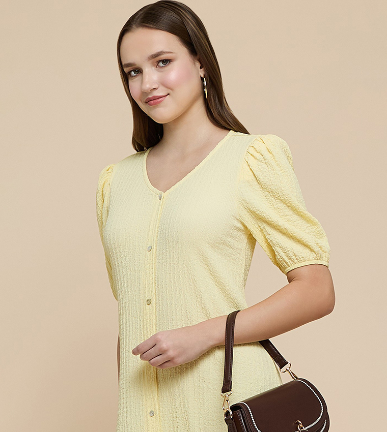 Printed A-Line Dress with V-Neck and Puff Sleeves