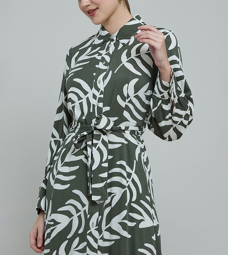 Patterned Shirt Dress with Long Sleeves