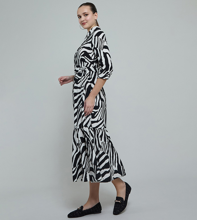 Patterned Shirt Dress with 3/4 Sleeves