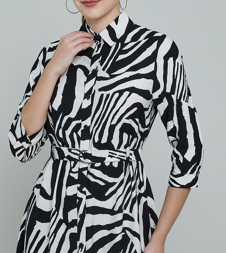 Patterned Shirt Dress with 3/4 Sleeves