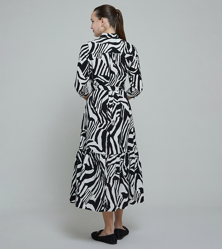 Patterned Shirt Dress with 3/4 Sleeves