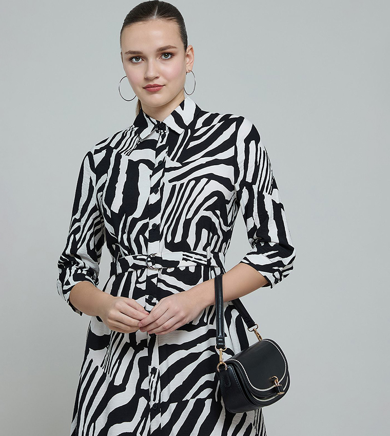 Patterned Shirt Dress with 3/4 Sleeves
