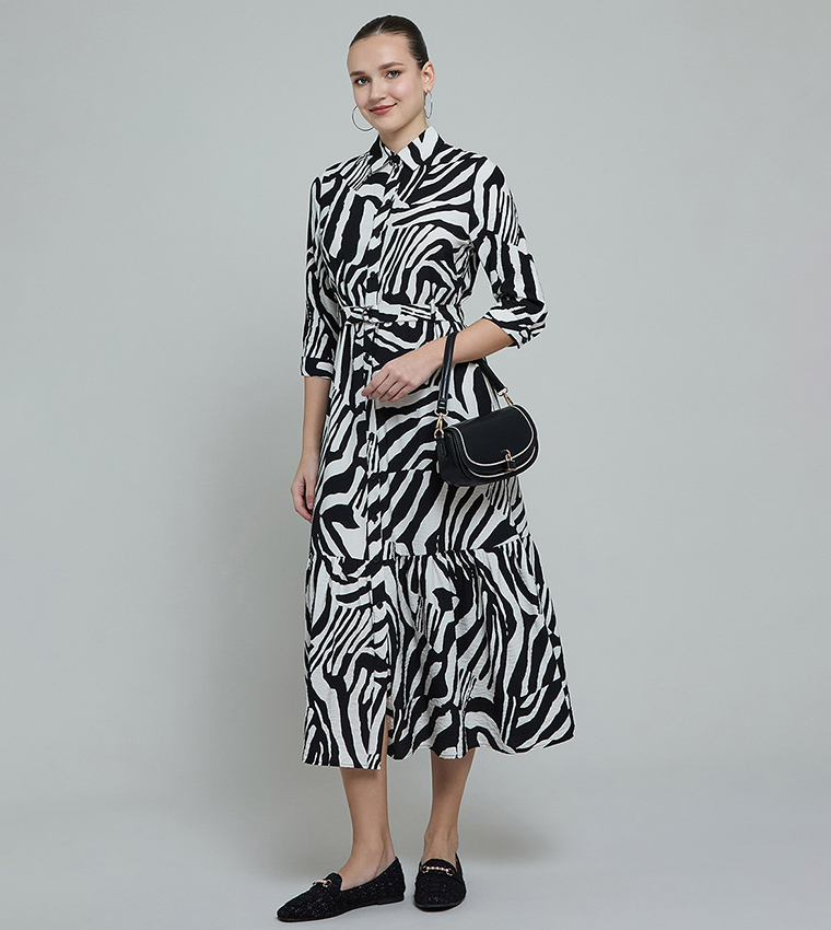 Patterned Shirt Dress with 3/4 Sleeves