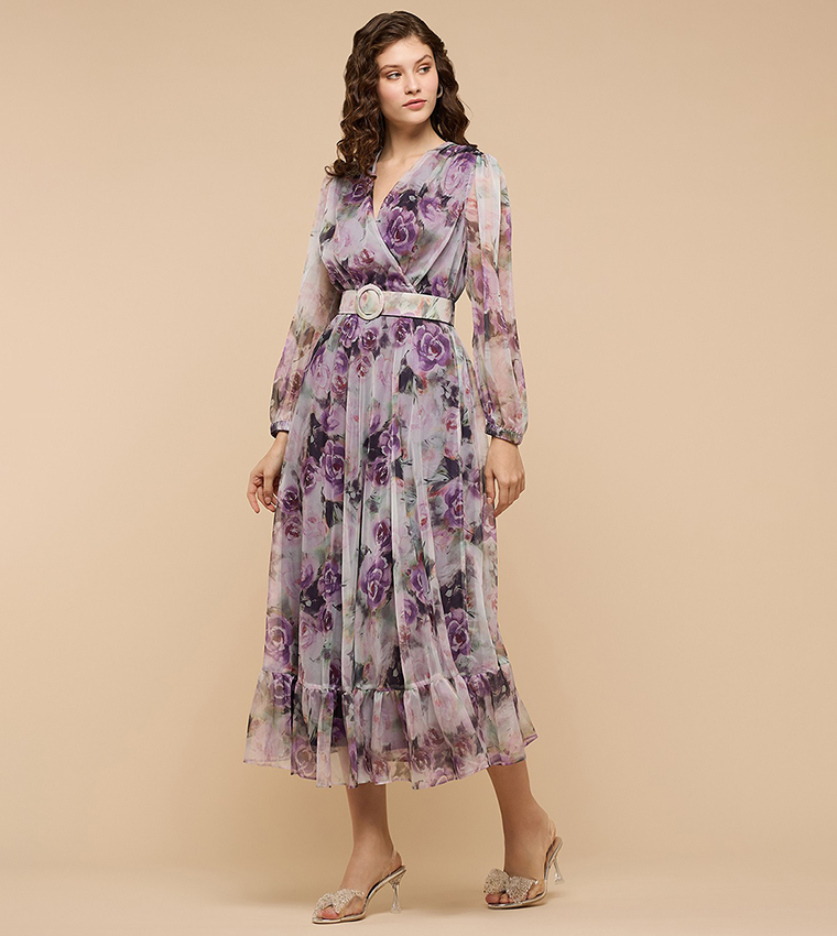 Floral Print Midi Dress with V-Neck and Puff Sleeves