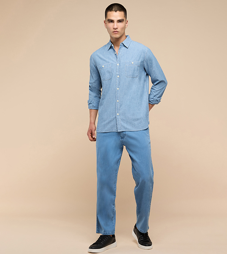 Washed Denim Shirt with Classic Collar and Long Sleeves