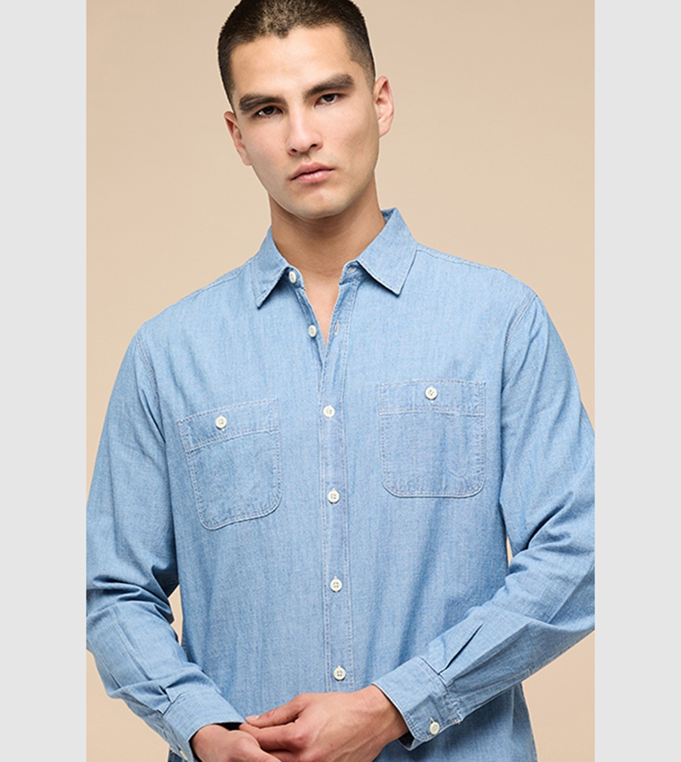 Washed Denim Shirt with Classic Collar and Long Sleeves