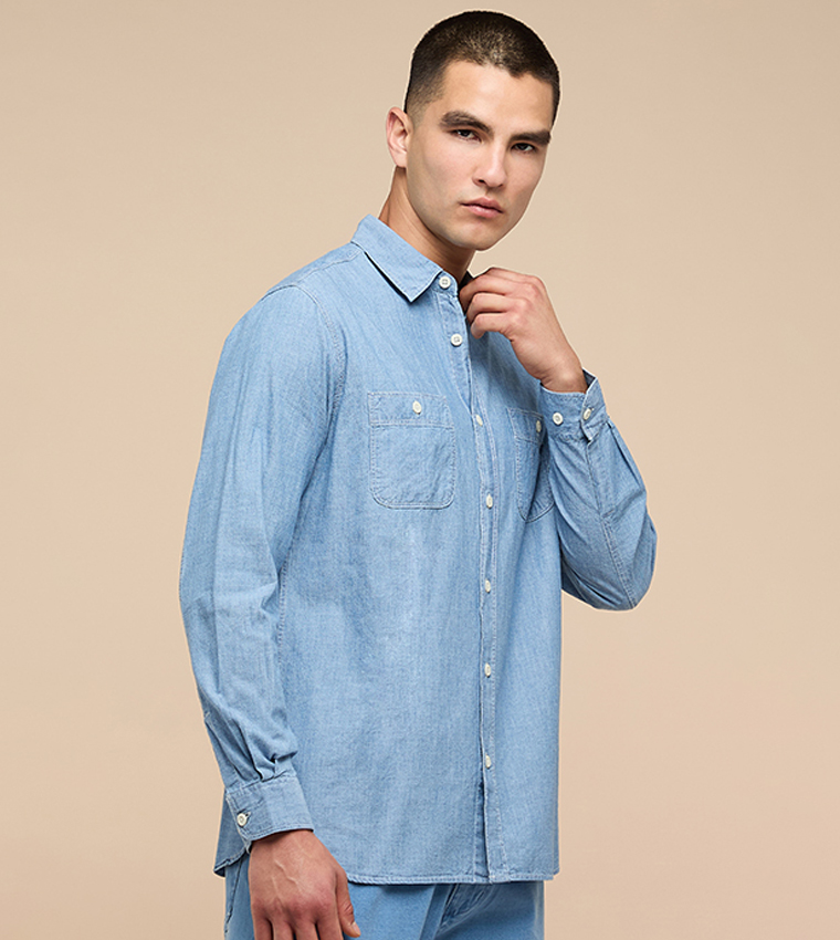 Washed Denim Shirt with Classic Collar and Long Sleeves