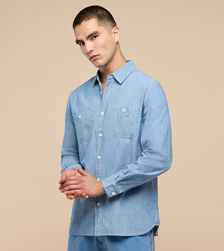 Washed Denim Shirt with Classic Collar and Long Sleeves