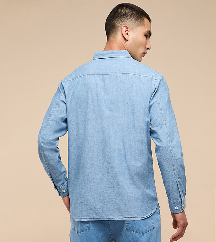 Washed Denim Shirt with Classic Collar and Long Sleeves