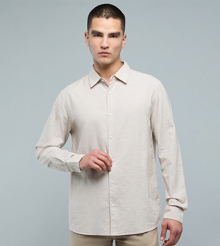 Textured Shirt with Classic Collar and Long Sleeves