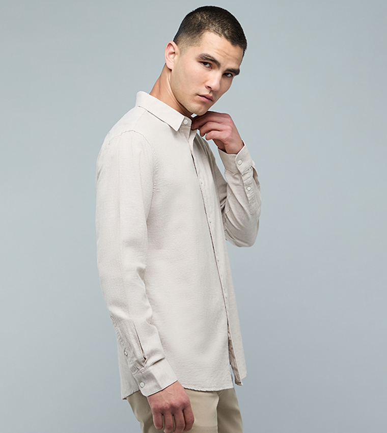 Textured Shirt with Classic Collar and Long Sleeves