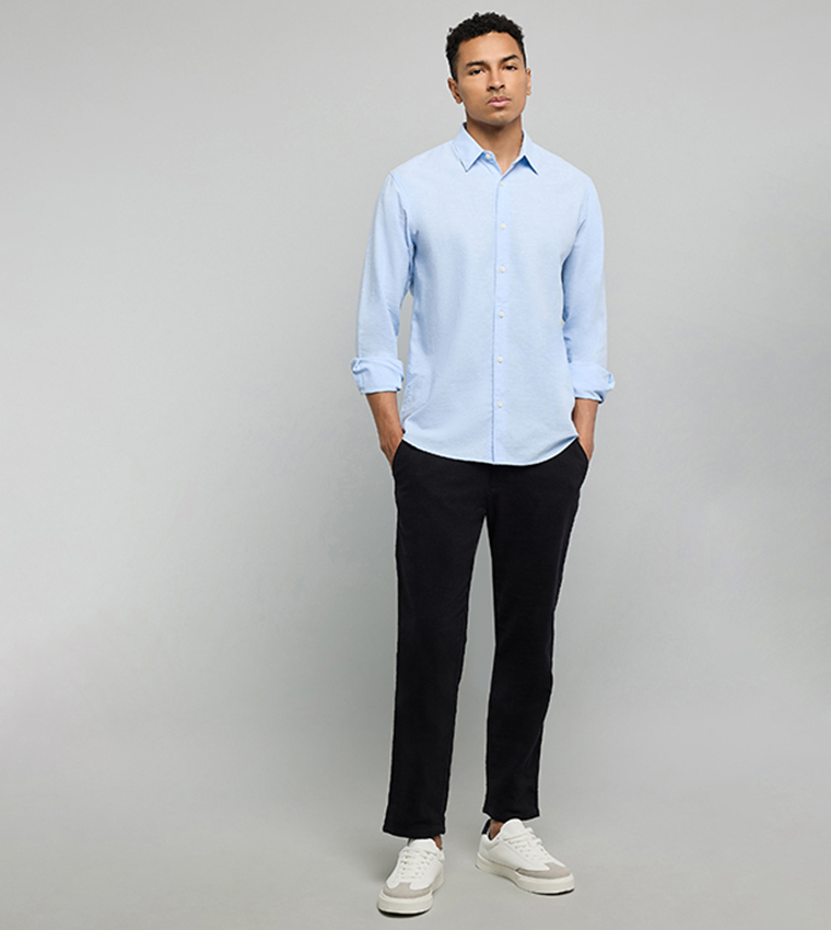 Solid Shirt with Classic Collar and Long Sleeves