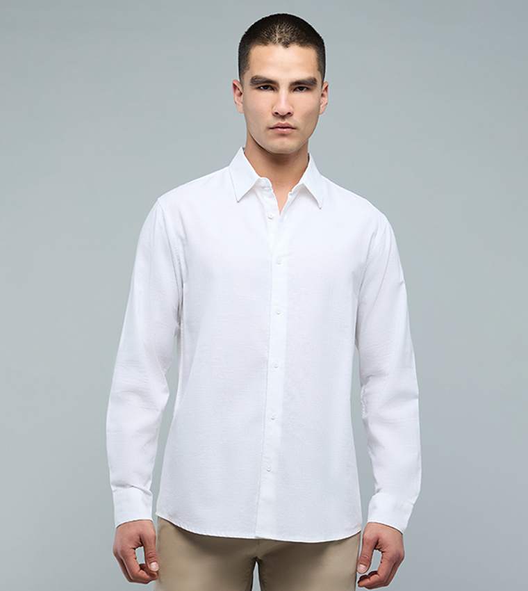 Solid Shirt with Classic Collar and Long Sleeves