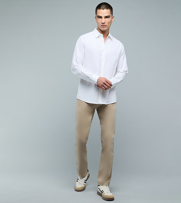 Solid Shirt with Classic Collar and Long Sleeves