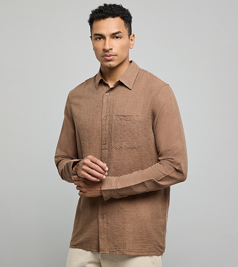 Textured Shirt with Classic Collar and Long Sleeves