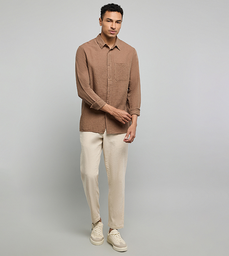 Textured Shirt with Classic Collar and Long Sleeves