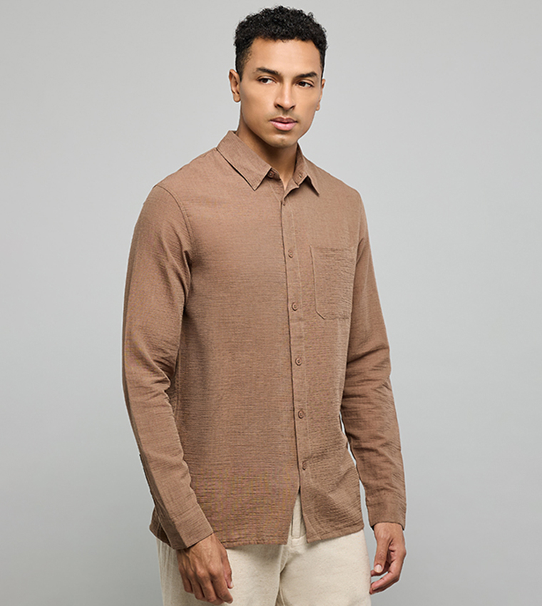 Textured Shirt with Classic Collar and Long Sleeves