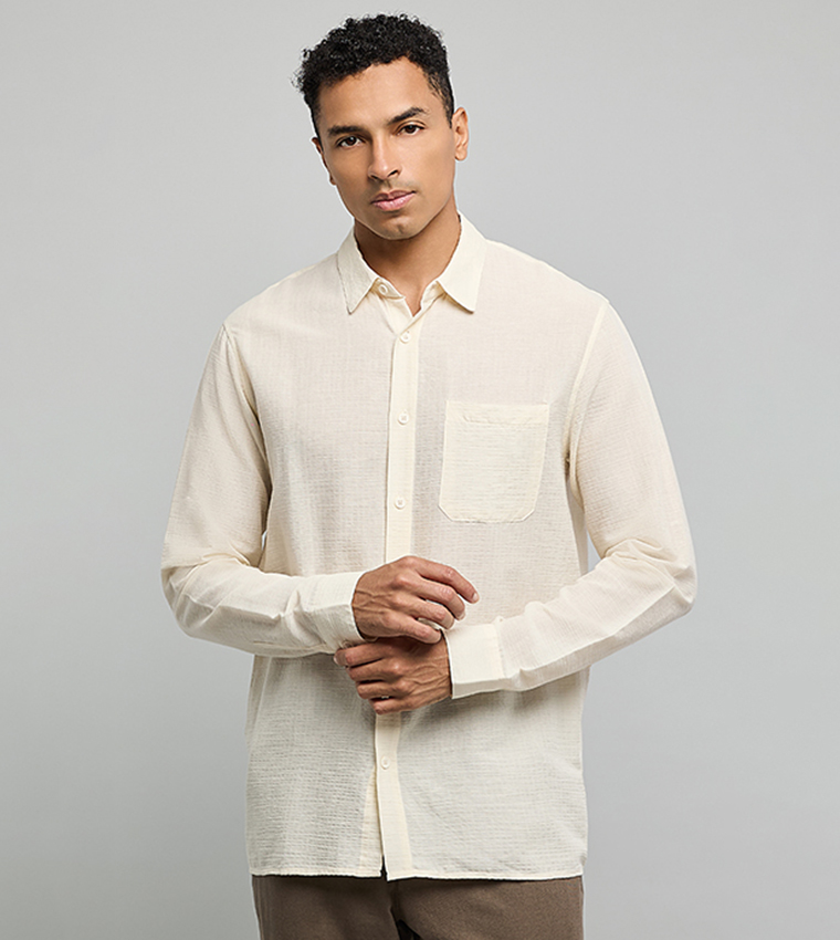 Textured Shirt with Classic Collar and Long Sleeves