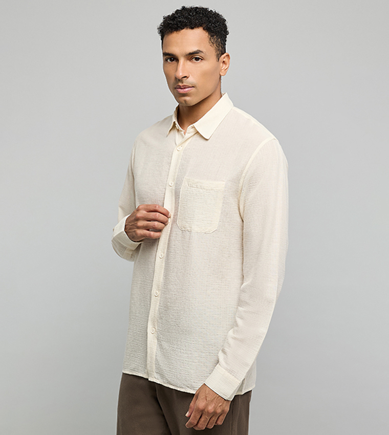 Textured Shirt with Classic Collar and Long Sleeves
