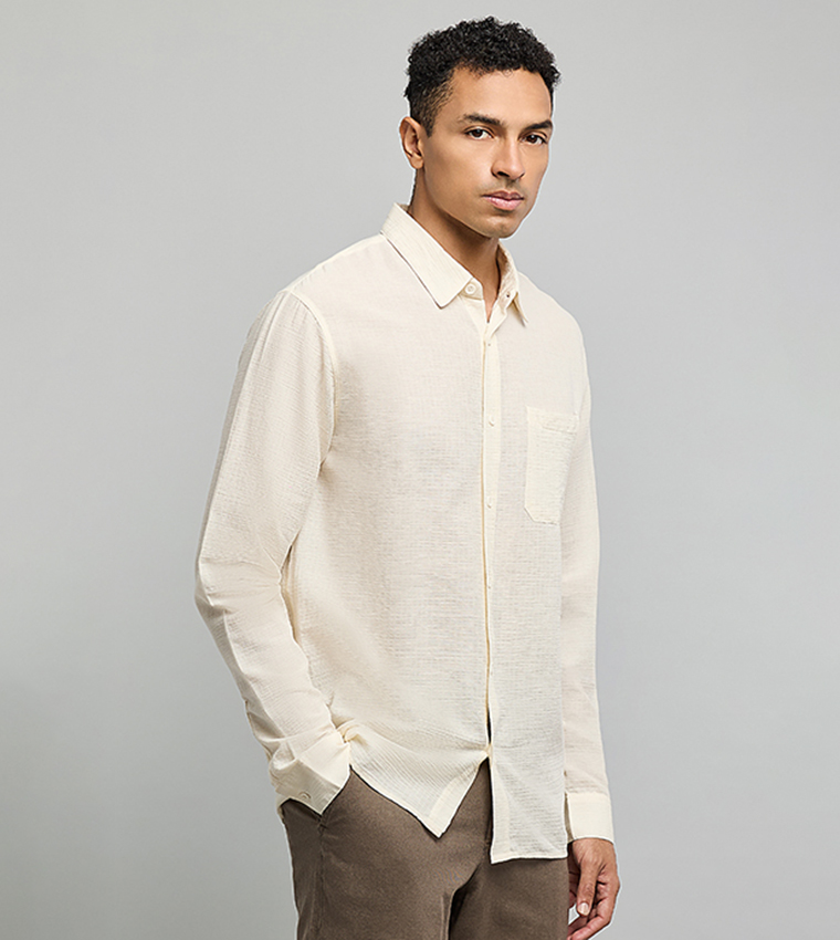 Textured Shirt with Classic Collar and Long Sleeves