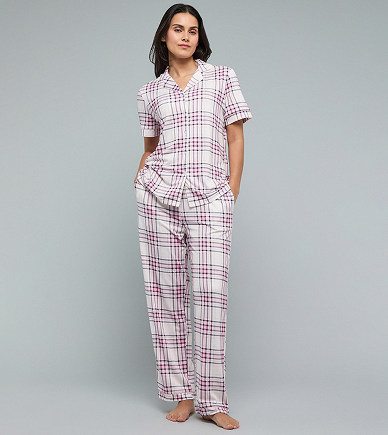 Plaid Lapel Collar Pyjama Set