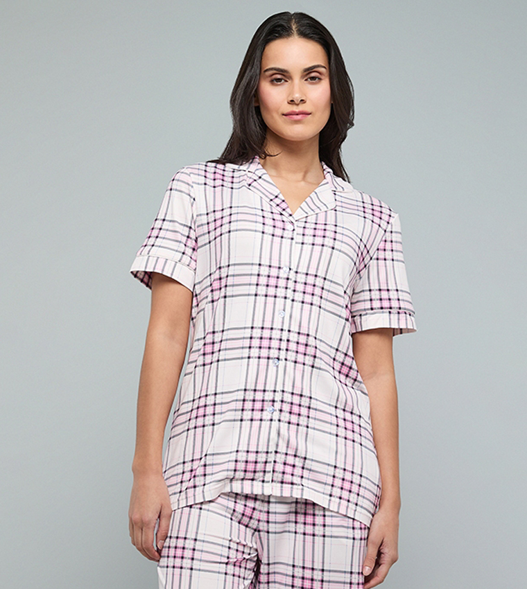 Plaid Lapel Collar Pyjama Set