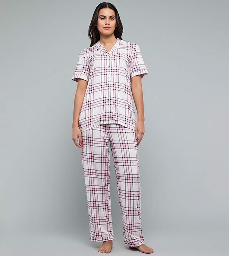 Plaid Lapel Collar Pyjama Set