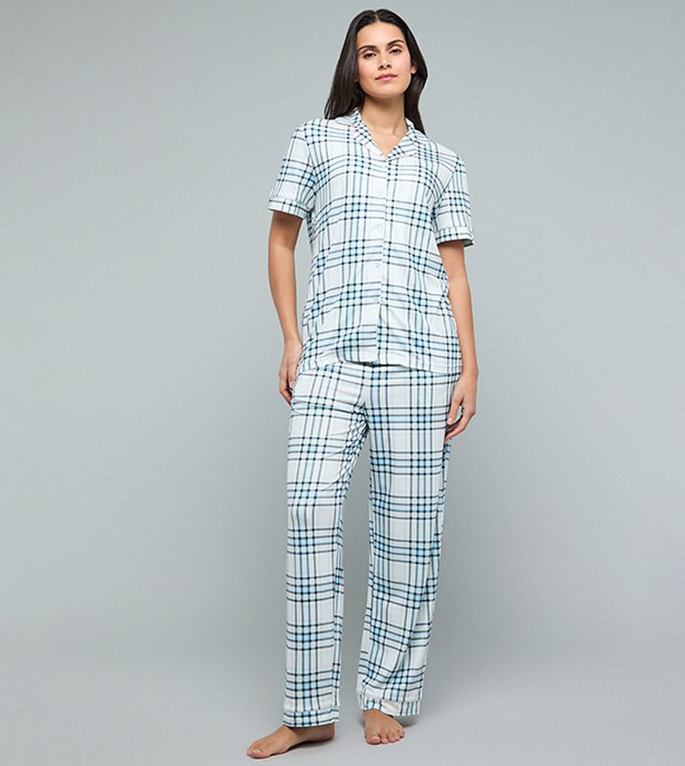 Plaid Lapel Collar Pyjama Set