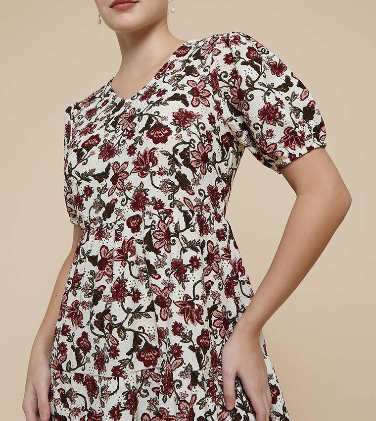 Floral Print Midi Dress with V-Neck and Puff Sleeves