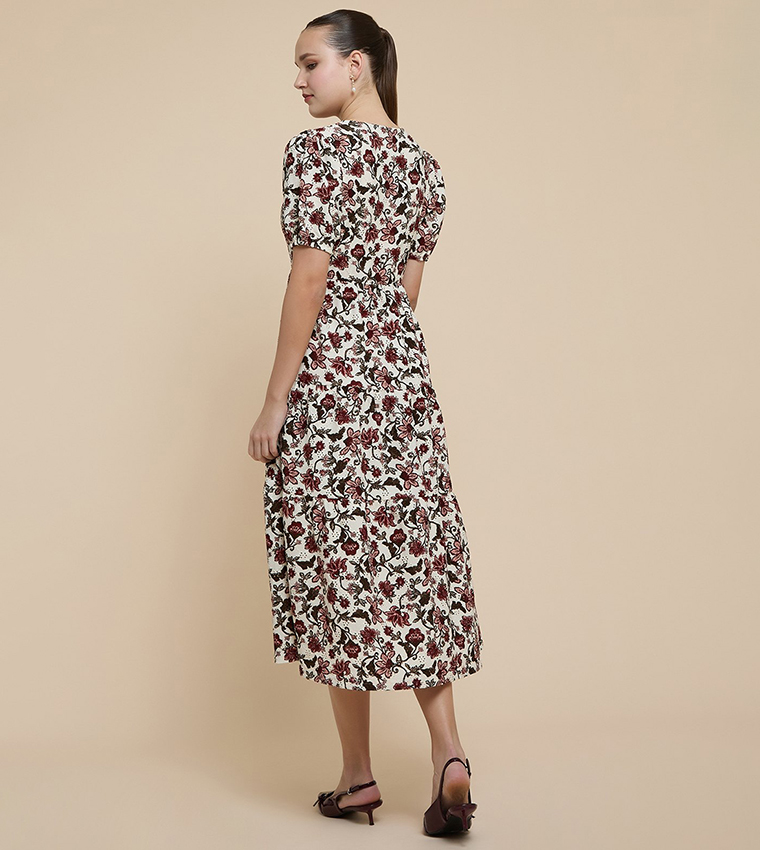 Floral Print Midi Dress with V-Neck and Puff Sleeves