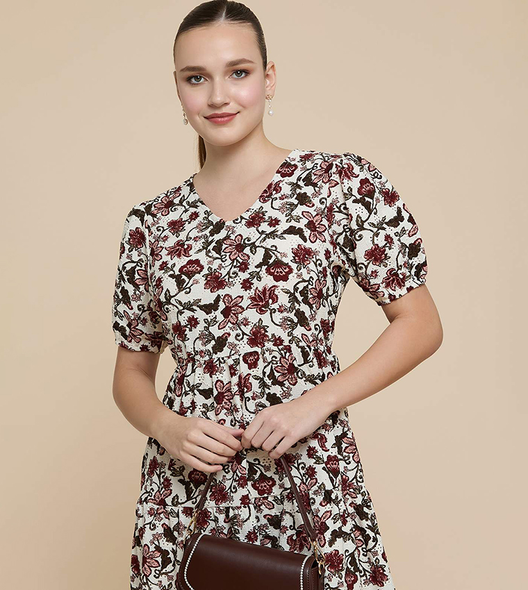 Floral Print Midi Dress with V-Neck and Puff Sleeves