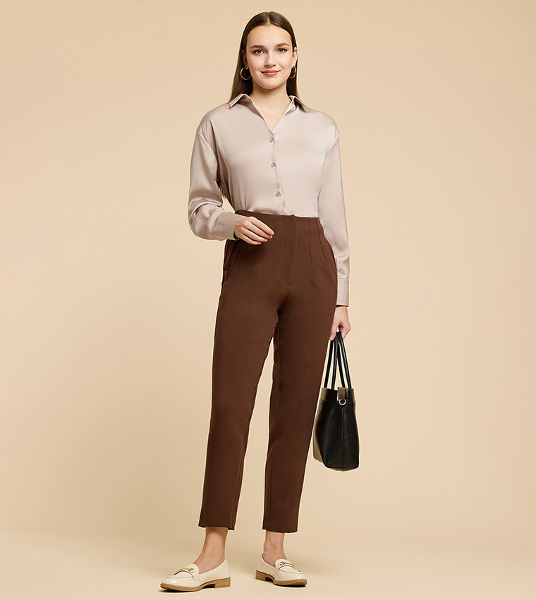 Solid Satin Shirt with Classic Collar and Long Sleeves