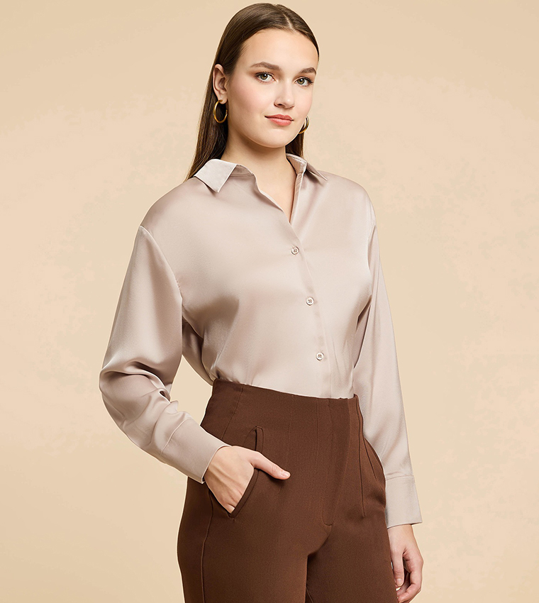Solid Satin Shirt with Classic Collar and Long Sleeves