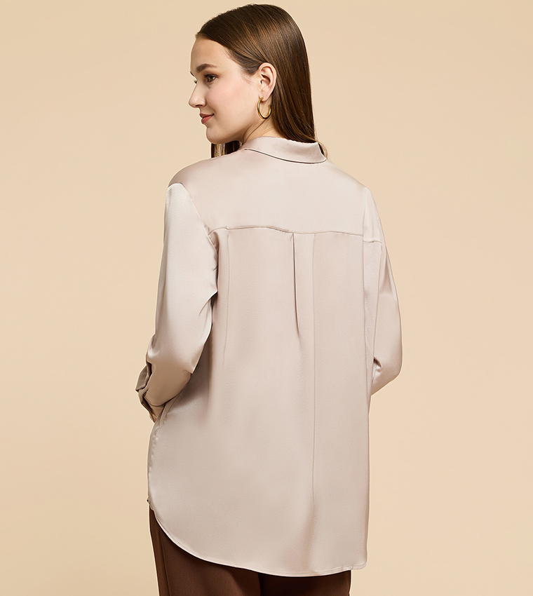 Solid Satin Shirt with Classic Collar and Long Sleeves
