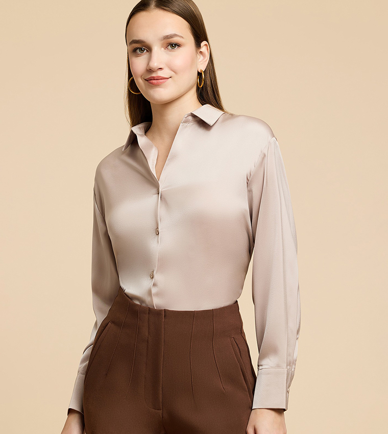 Solid Satin Shirt with Classic Collar and Long Sleeves