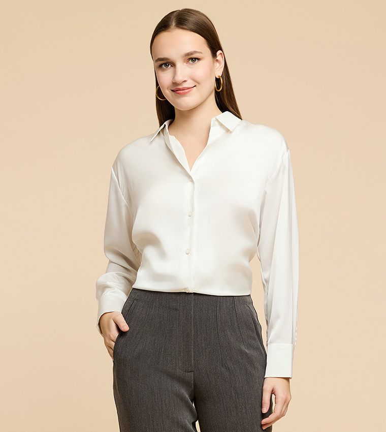 Solid Satin Shirt with Classic Collar and Long Sleeves