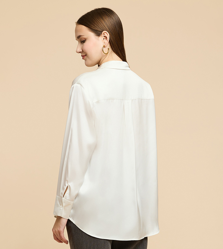 Solid Satin Shirt with Classic Collar and Long Sleeves