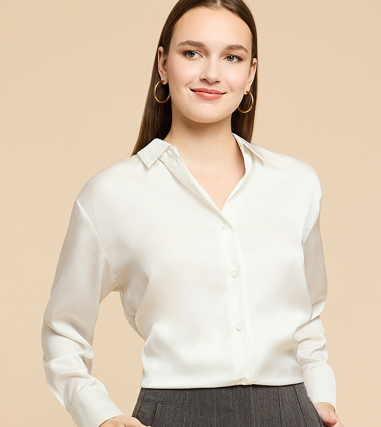 Solid Satin Shirt with Classic Collar and Long Sleeves