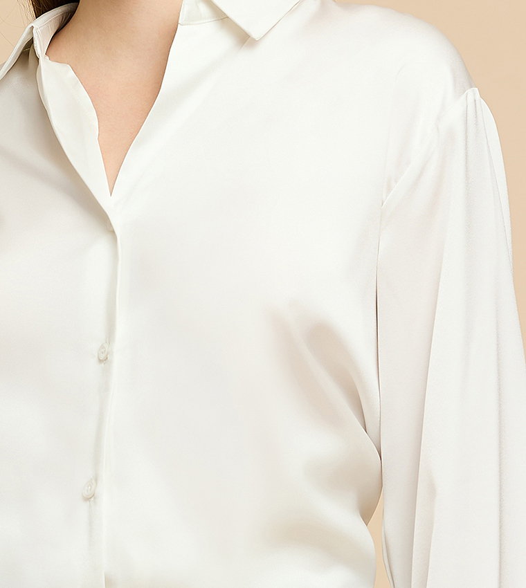Solid Satin Shirt with Classic Collar and Long Sleeves