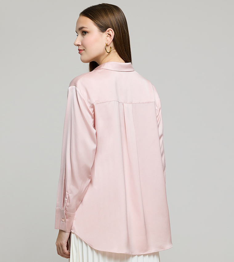 Solid Satin Shirt with Classic Collar and Long Sleeves