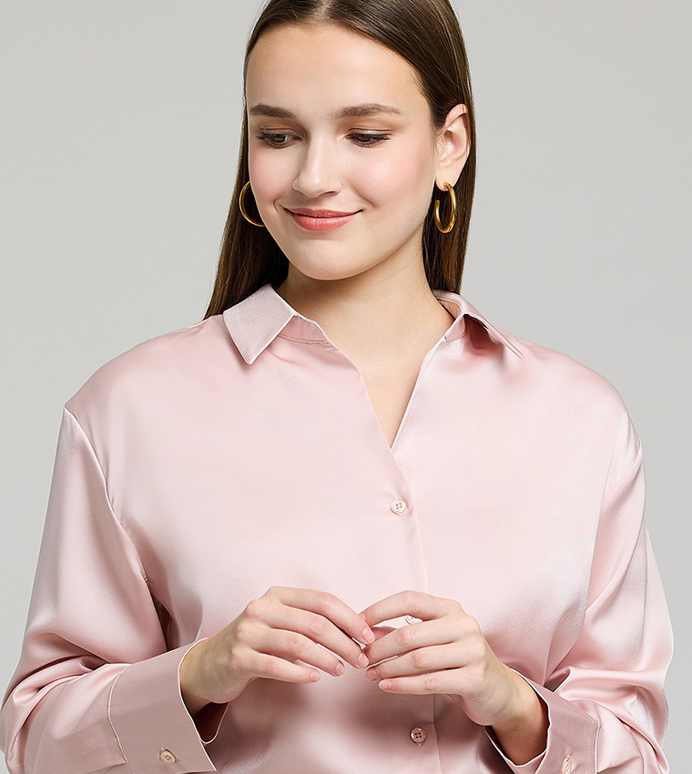 Solid Satin Shirt with Classic Collar and Long Sleeves