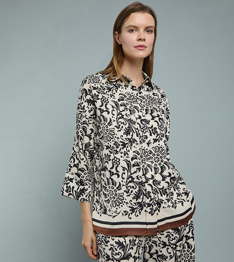 Patterned Shirt with Classic Collar and 3/4 Sleeves