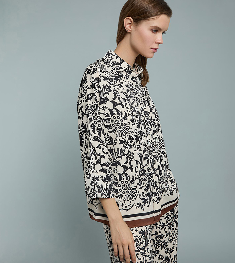 Patterned Shirt with Classic Collar and 3/4 Sleeves