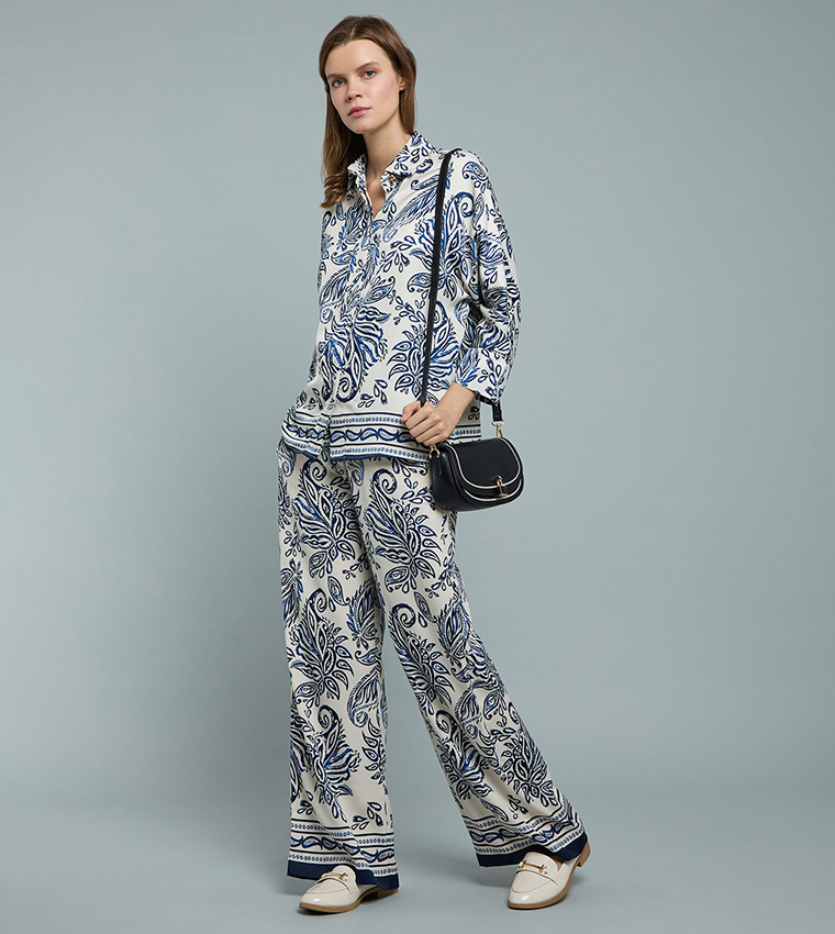 Patterned Satin Wide Leg Pants with Drawstring Waist