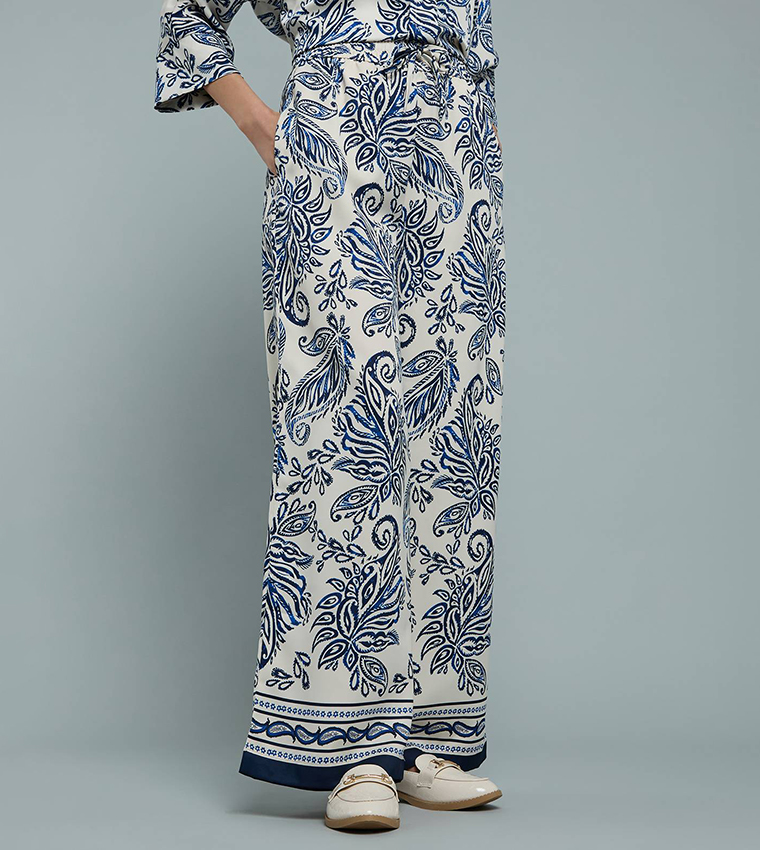 Patterned Satin Wide Leg Pants with Drawstring Waist