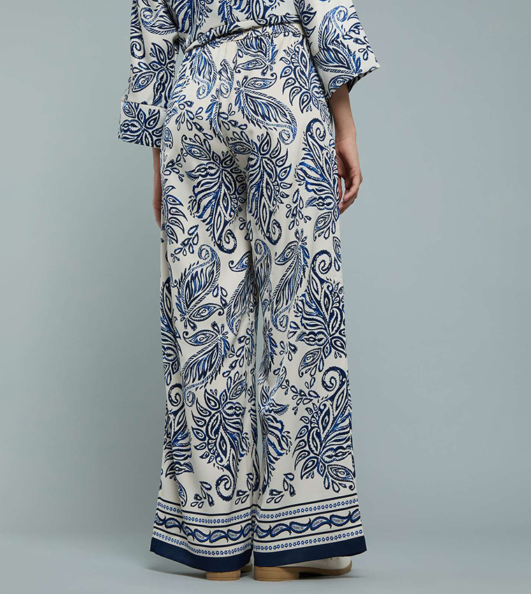 Patterned Satin Wide Leg Pants with Drawstring Waist