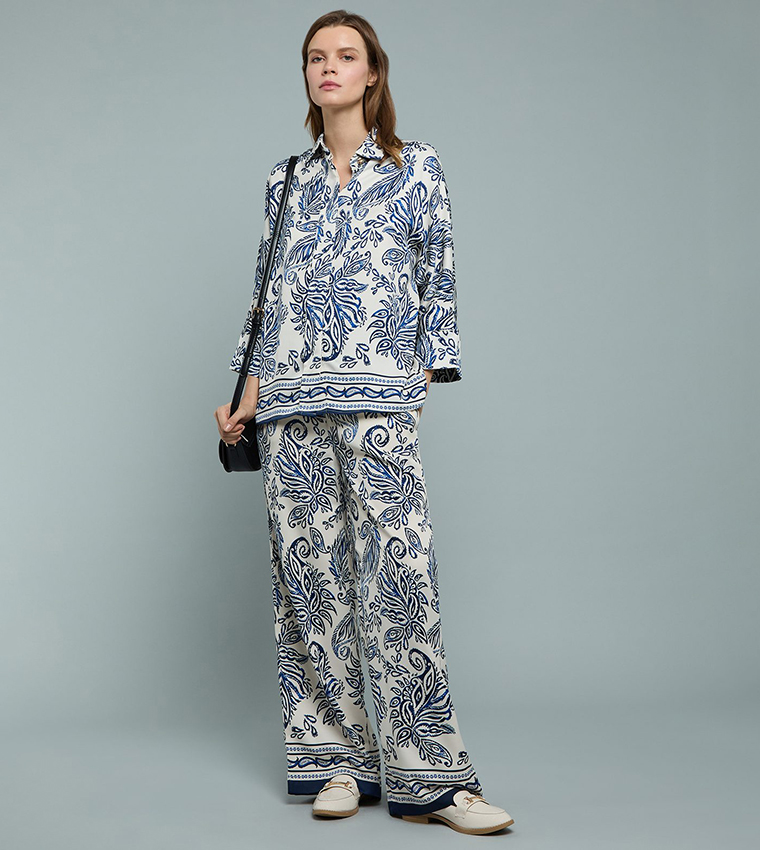 Patterned Satin Wide Leg Pants with Drawstring Waist