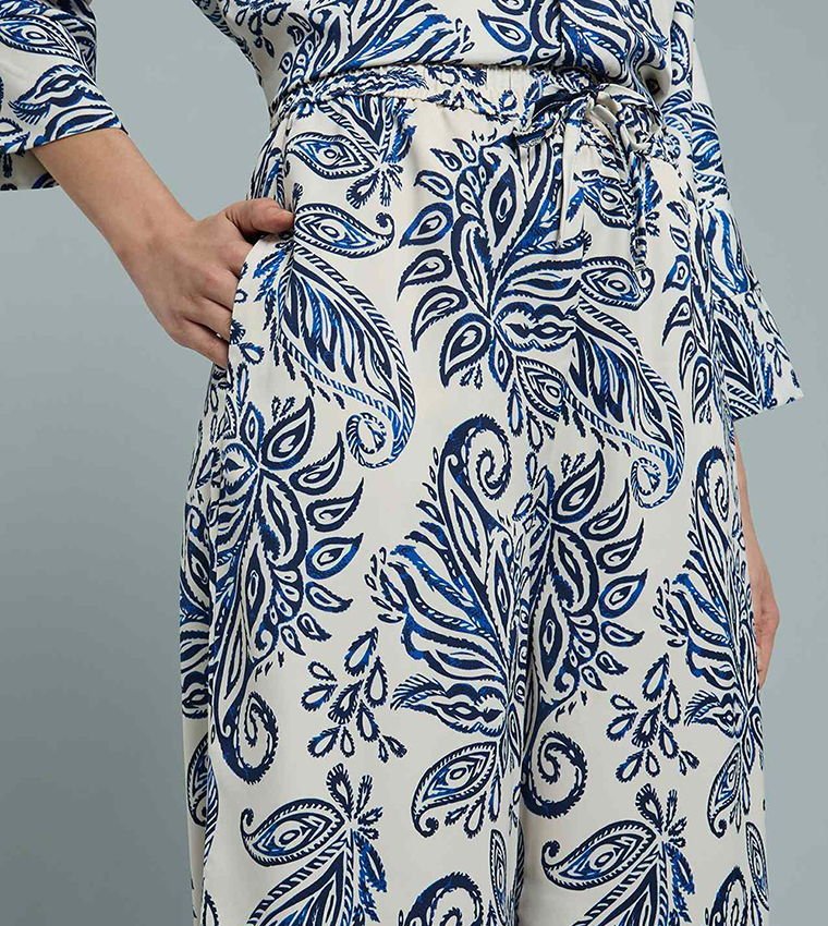 Patterned Satin Wide Leg Pants with Drawstring Waist